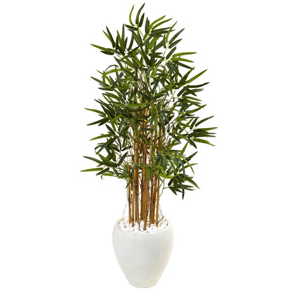 Nearly Natural Silk 4foot Artificial Bamboo Tree in White Oval Planter