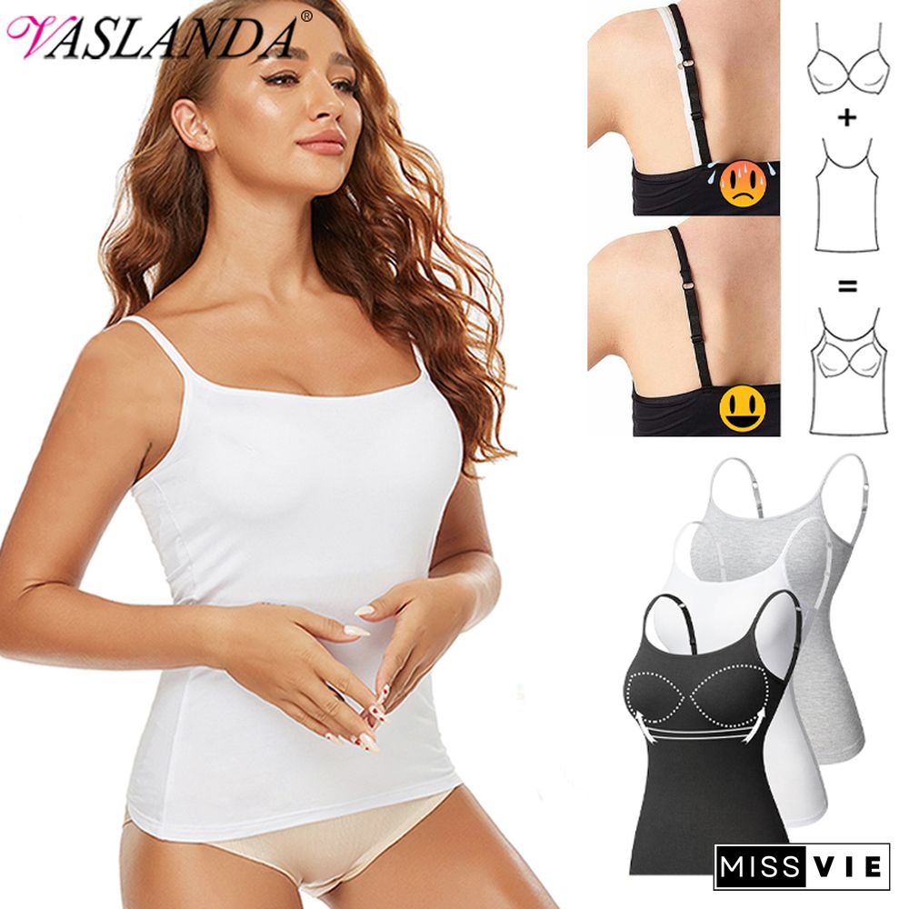 Women Tank Tops Adjustable Strap Camisole With Built In Padded Bra Summer Sleeveless Casual Vest Layer Stretch Undershirts