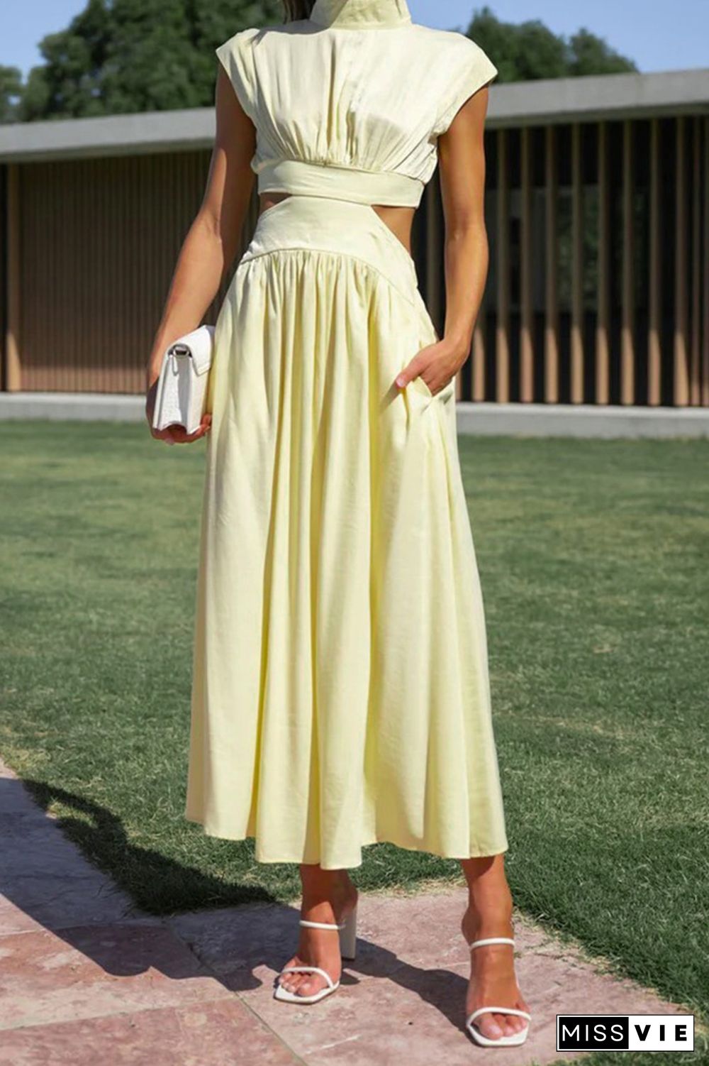 Plain Frilled High Collar Cut Out Waist Maxi Dress