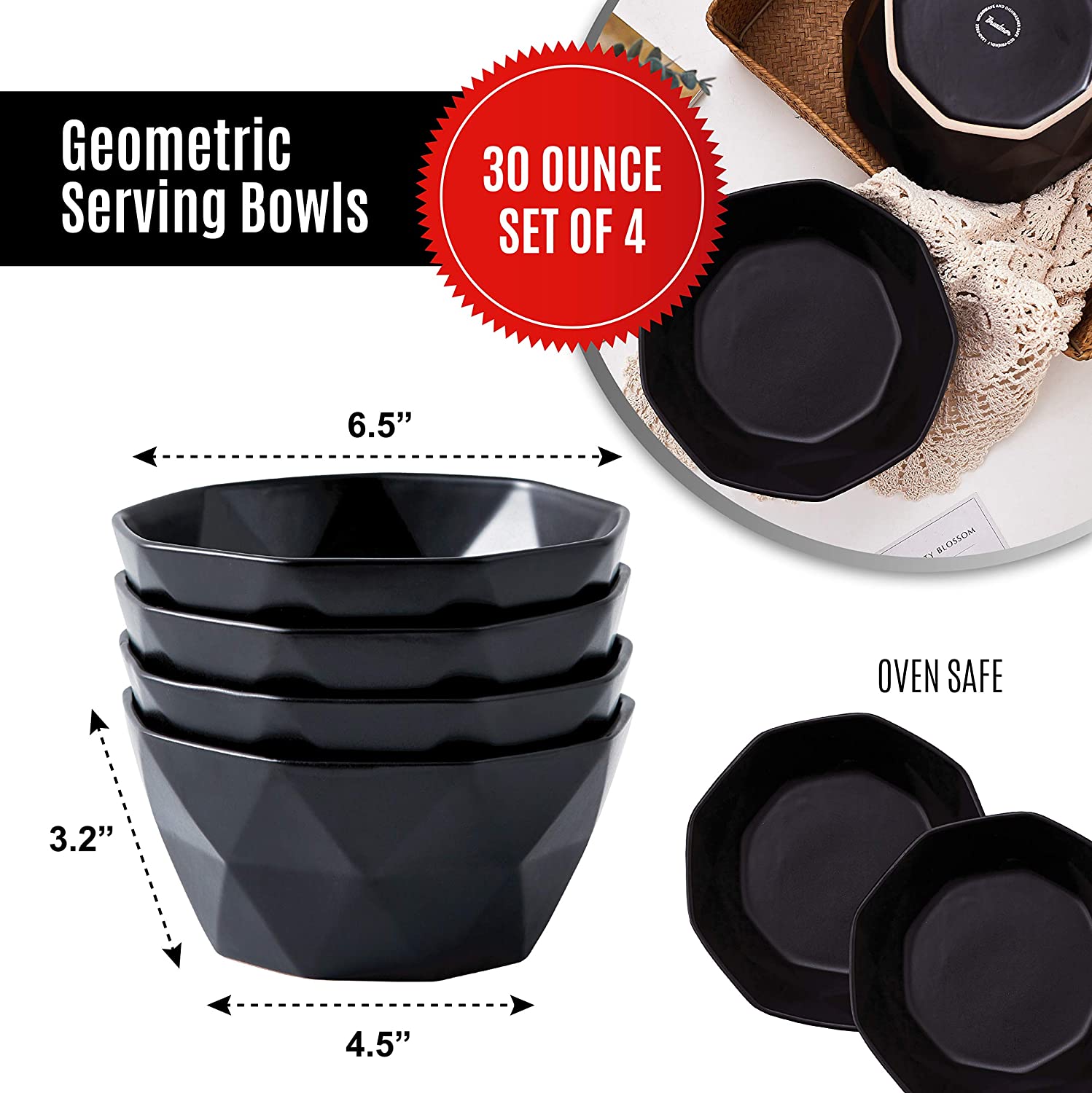 Bruntmor | Soup Bowls Set Of 4 Geometric 30 Ounce Soup Bowls - Elegant Stackable