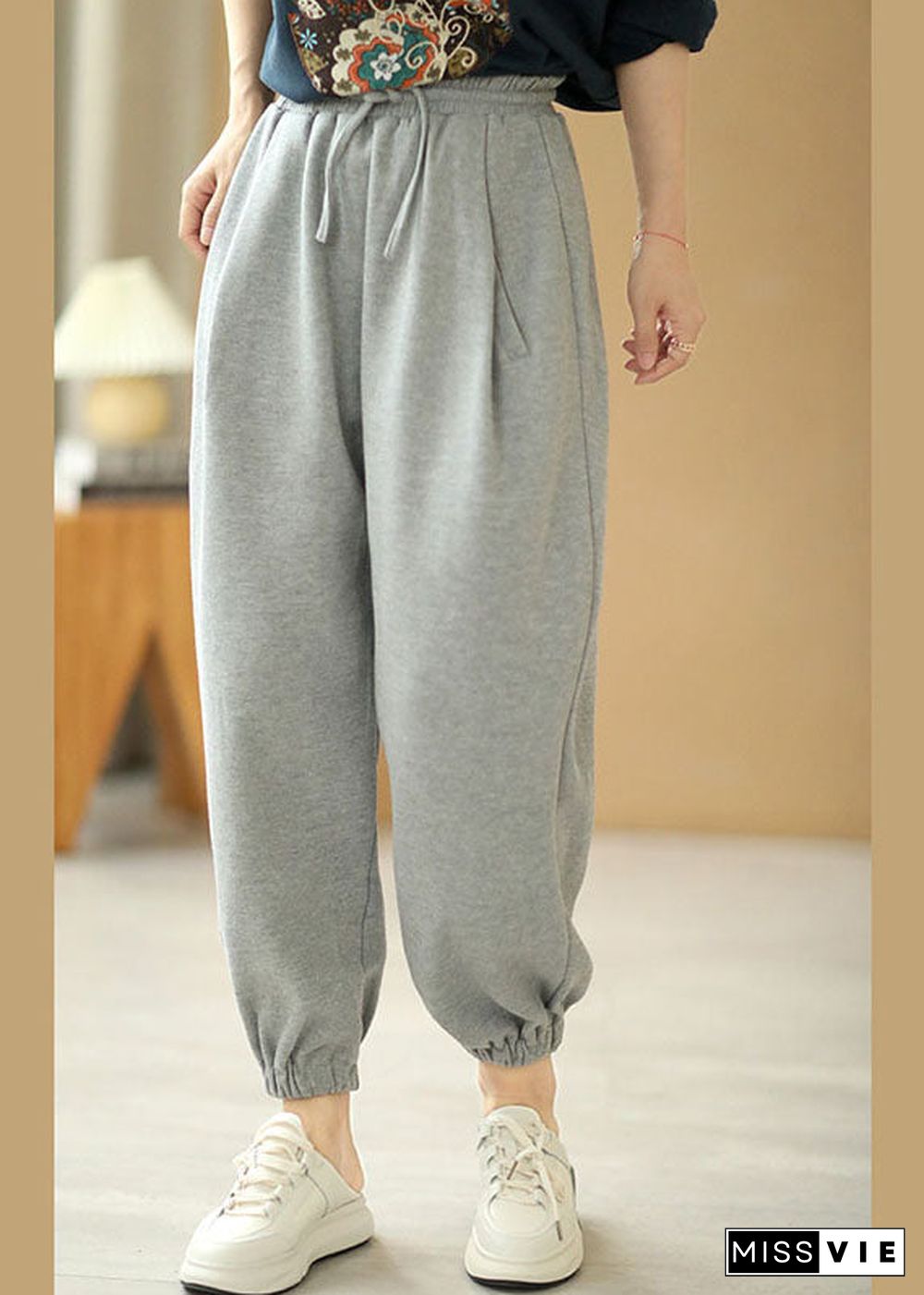 Women Grey Tie Waist Pockets Harem Fall Pants Cotton