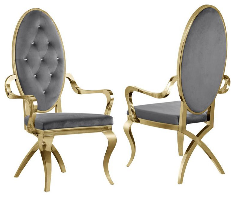 Tufted Arm Chairs in Navy Blue Velvet and Gold Stainless Steel (Set of 2)   Eclectic   Dining Chairs   by Homesquare  Houzz