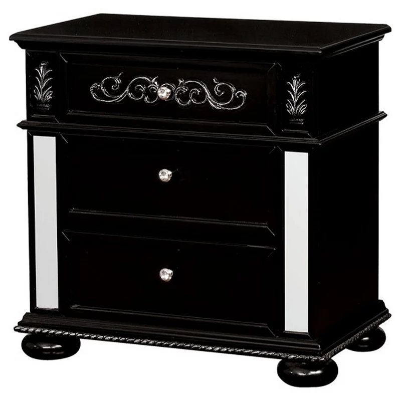 Three Drawer Solid Wood Nightstand with Crystal Knobs and Bun Feet， Black