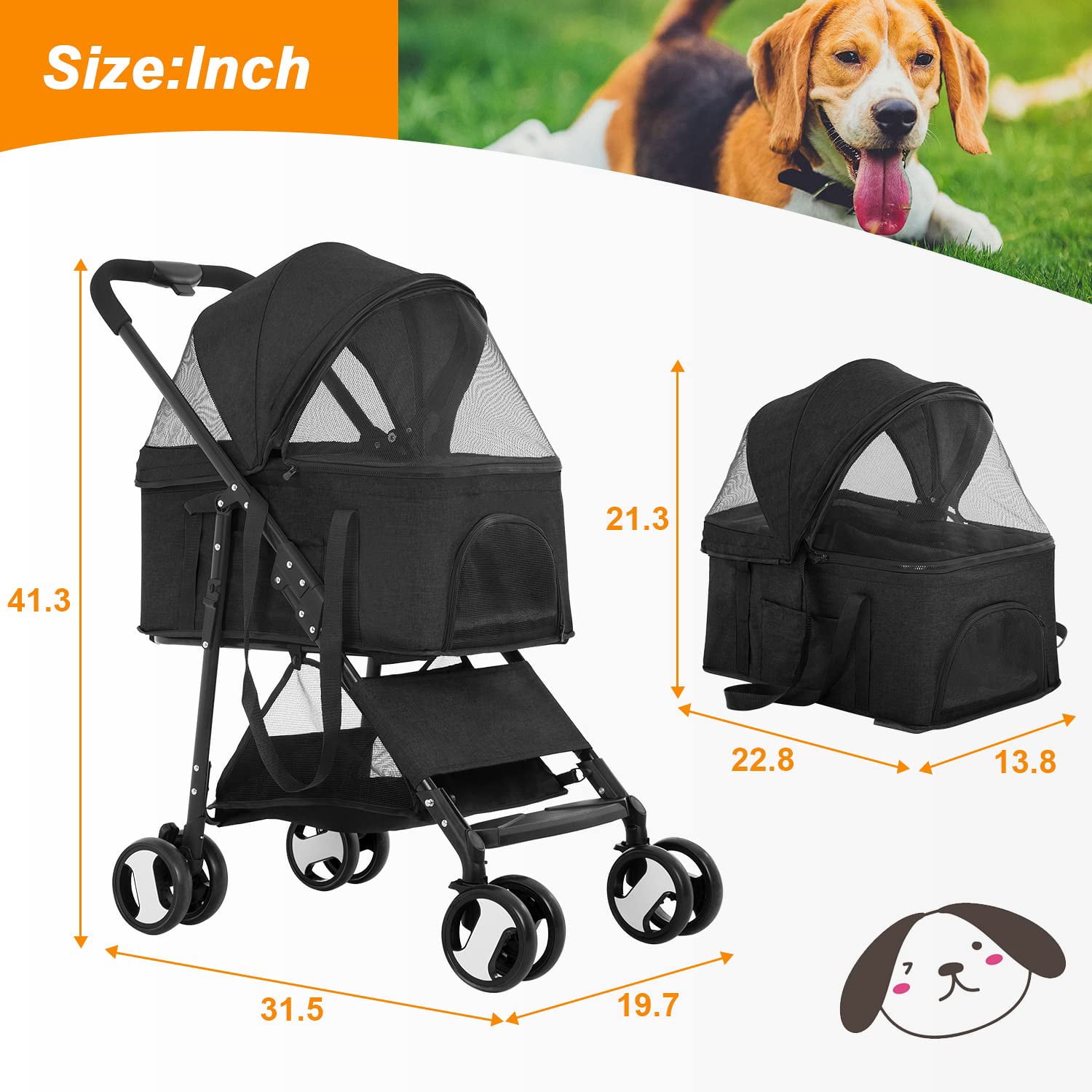 Dkeli 4 Wheels Dog Stroller Folding Pet Stroller Cat Stroller for Medium Dogs with Detachable Carrier， Black