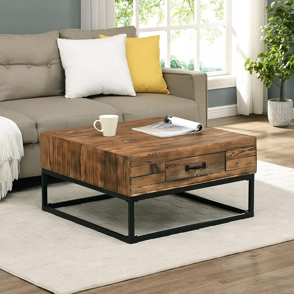 Industrial Coffee Table  Metal Frame With Drawer  ampPlank Top  Rustic Natural   Transitional   Coffee Tables   by Declusia  Houzz