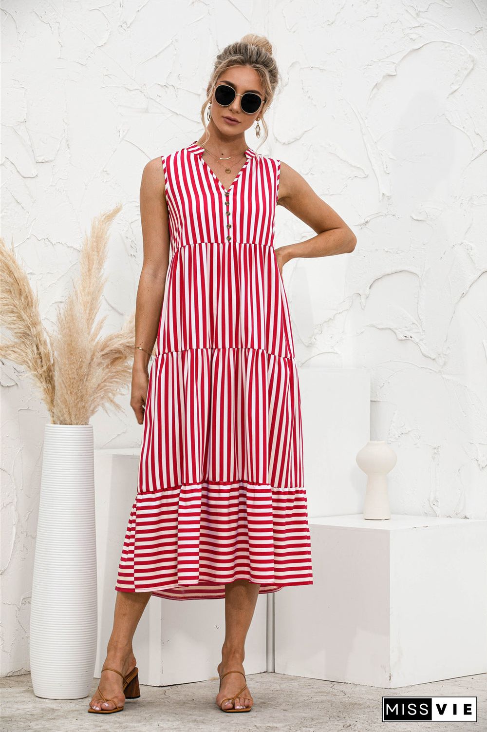 V-neck Striped Button Stitching Dress