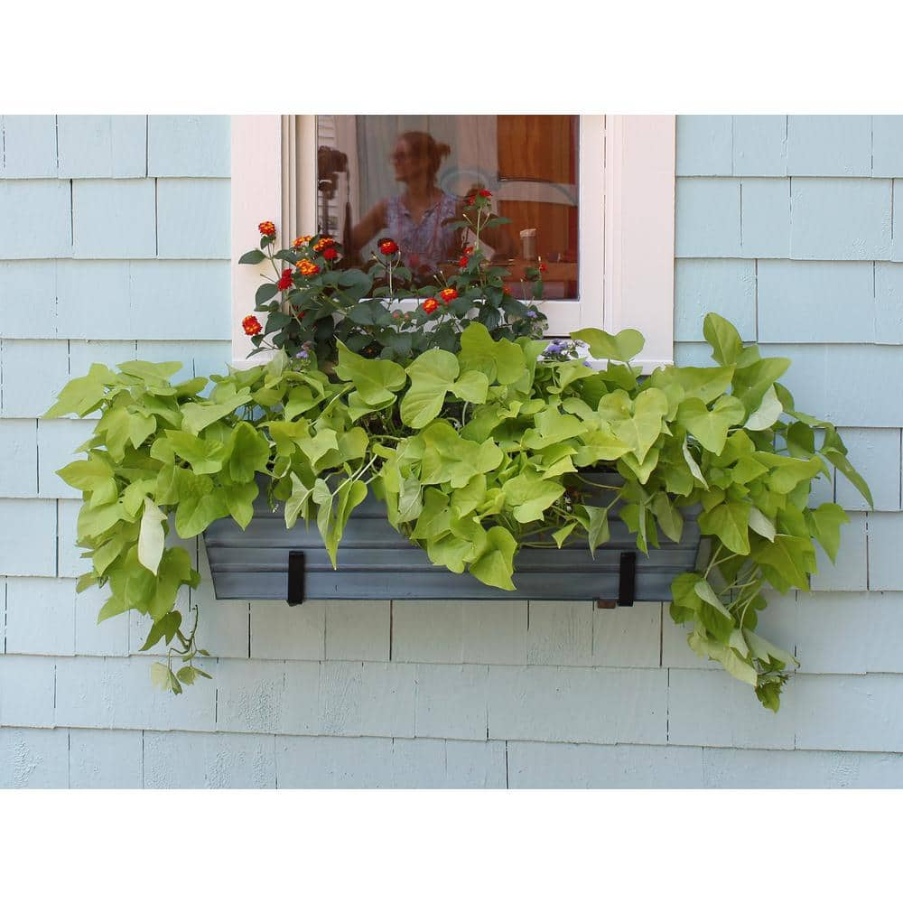 ACHLA DESIGNS 35.25 in. W Nantucket Blue Large Galvanized Steel Flower Box Planter With Wall Brackets C-21NB-WM