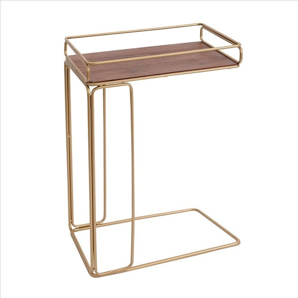 C Shaped Side Table with Metal Frame， Brown and Gold - Brown and Gold - 9.85 L x 16.15 W x 24.82 H Inches