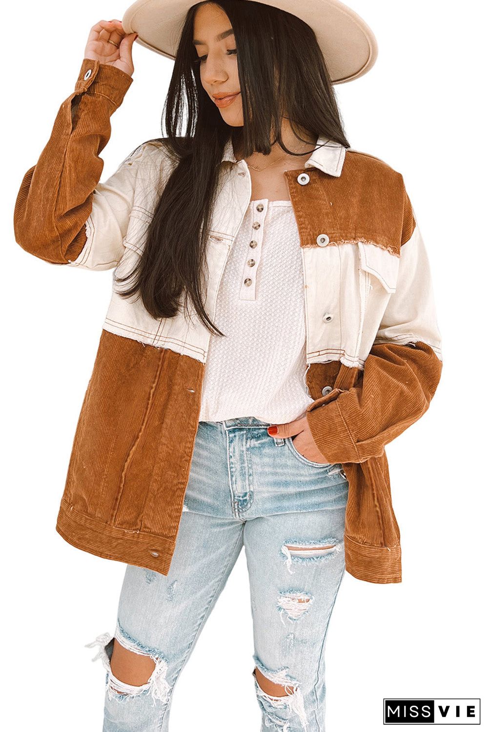 Brown Colorblock Flap Pocket Raw Edge Buttoned Jacket