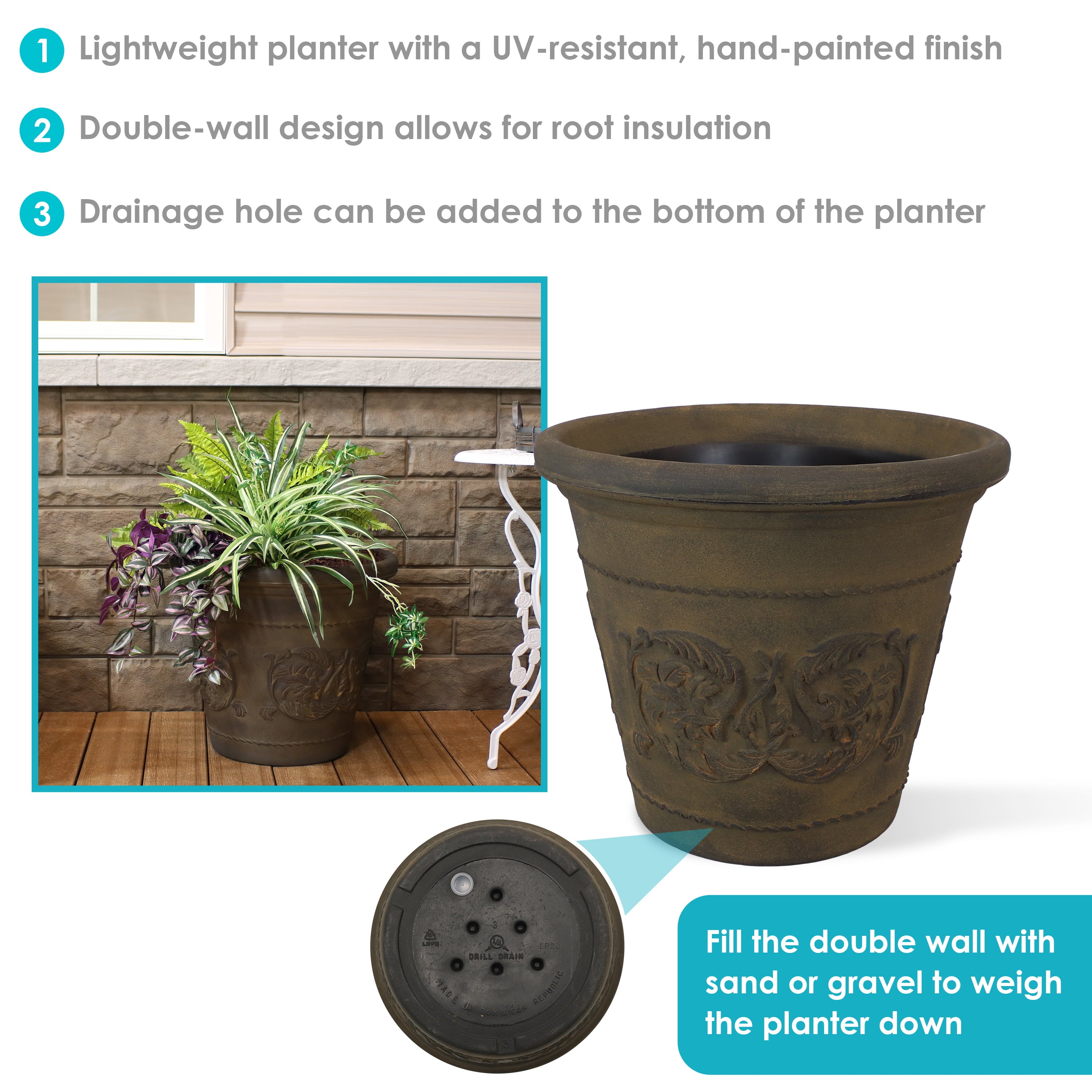 Sunnydaze Indoor/Outdoor Patio, Garden, or Porch Weather-Resistant Double-Walled Arabella Flower Pot Planter - 20" - Sable Finish - 2pk