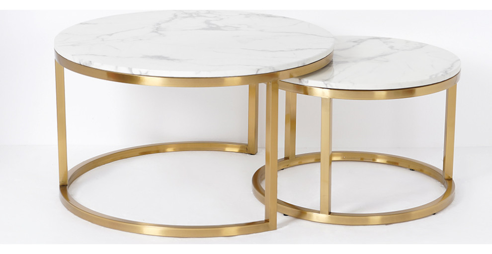 Modern Round Coffee Table Gold Metal  ampWhite Marble Accent Table with Set of 2   Contemporary   Coffee Table Sets   by Homary International Limited  Houzz