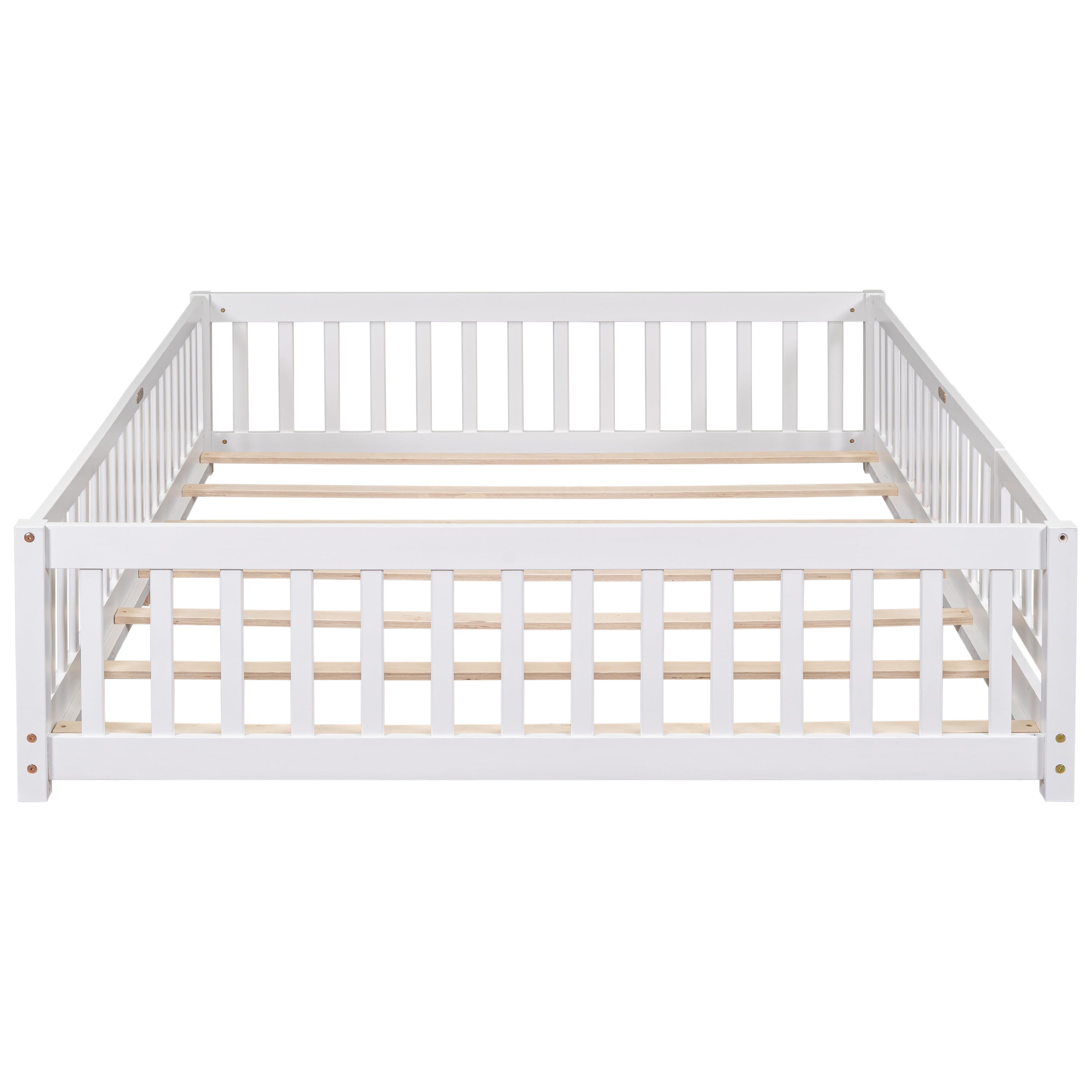 uhomepro Queen Size Wood Floor Bed Frame with Fence and Door for Kids, Toddlers, White