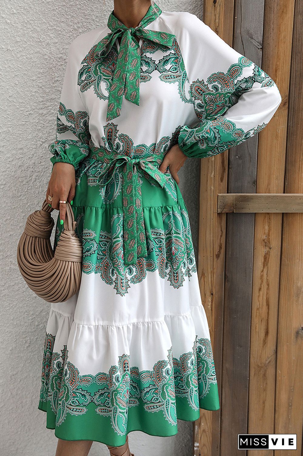 Puffy Sleeves Tiered Printed Long Sleeves Dress