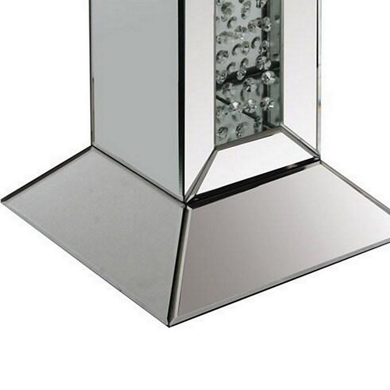 24 Inch Modern End Table， Square Mirror Top， Faux Crystals Inlay， Silver