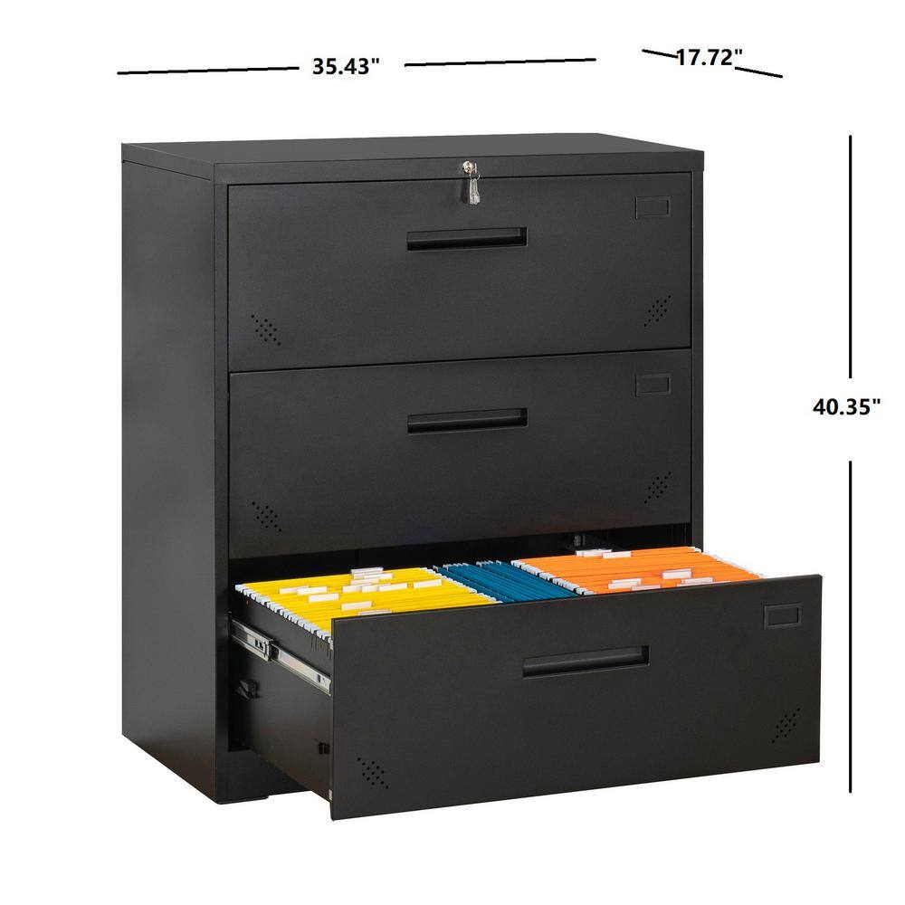 Tatahance 3-Drawer Black Metal Steel Lateral Filing Cabinet with Large Deep Drawers Locked by Keys W25262864-Z