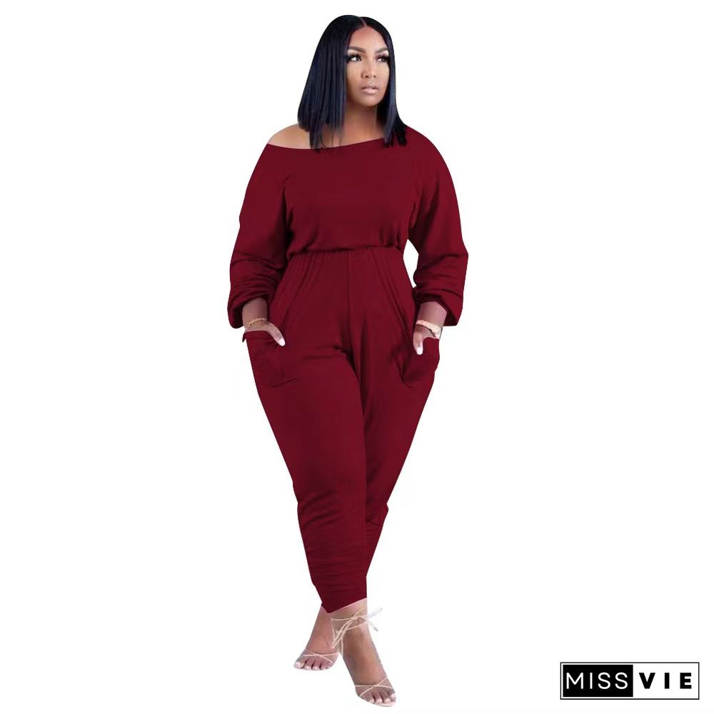 Solid Color Long Sleeve Loose Fit Jumpsuit