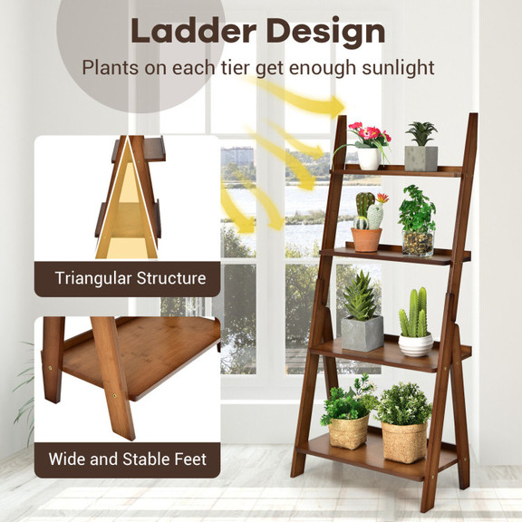 Costway 39246085 4 Tier Bamboo Ladder Shelf Bookca...