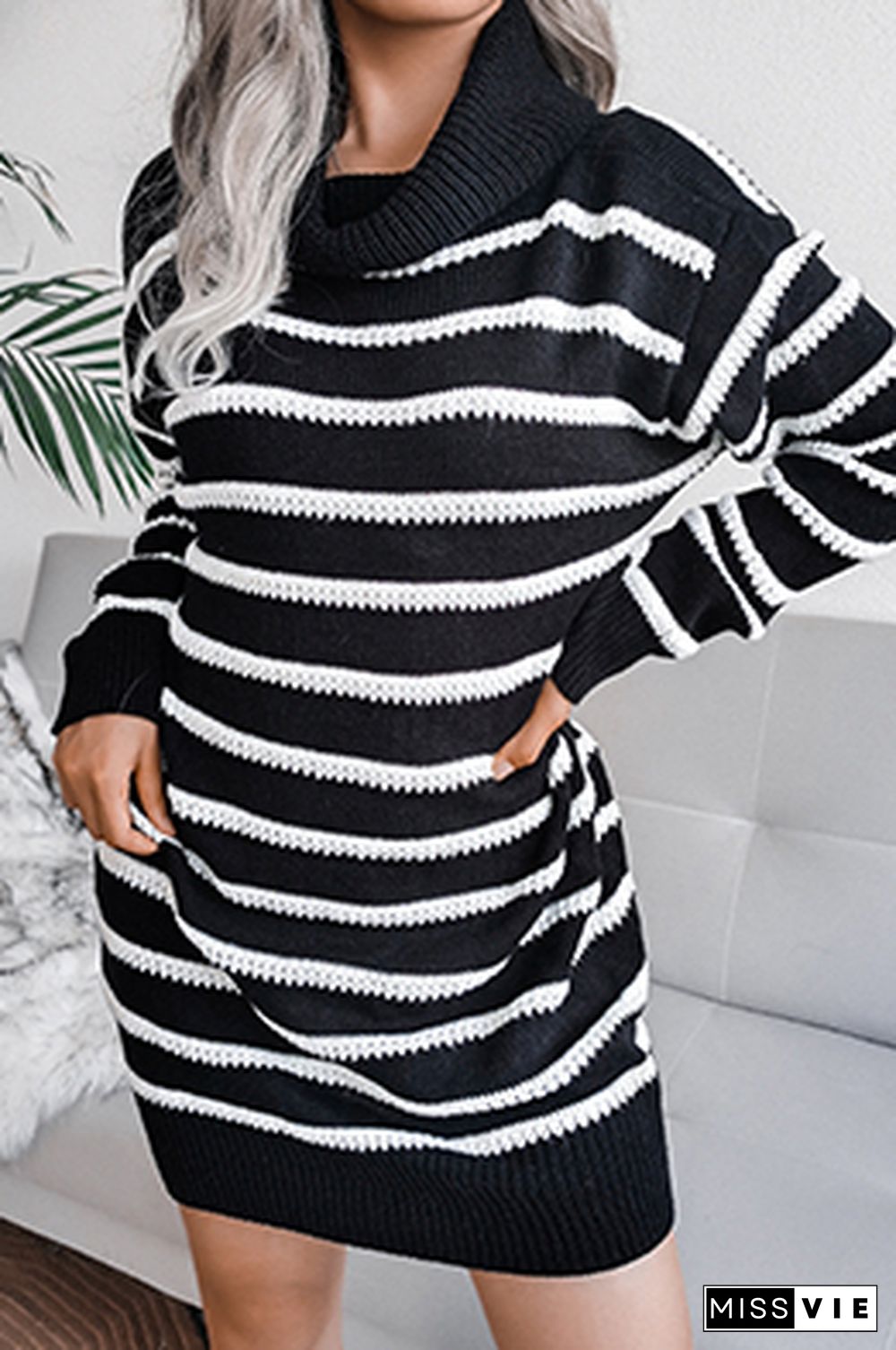 Casual Striped Split Joint  Contrast Turtleneck Dresses  (Without Belt)