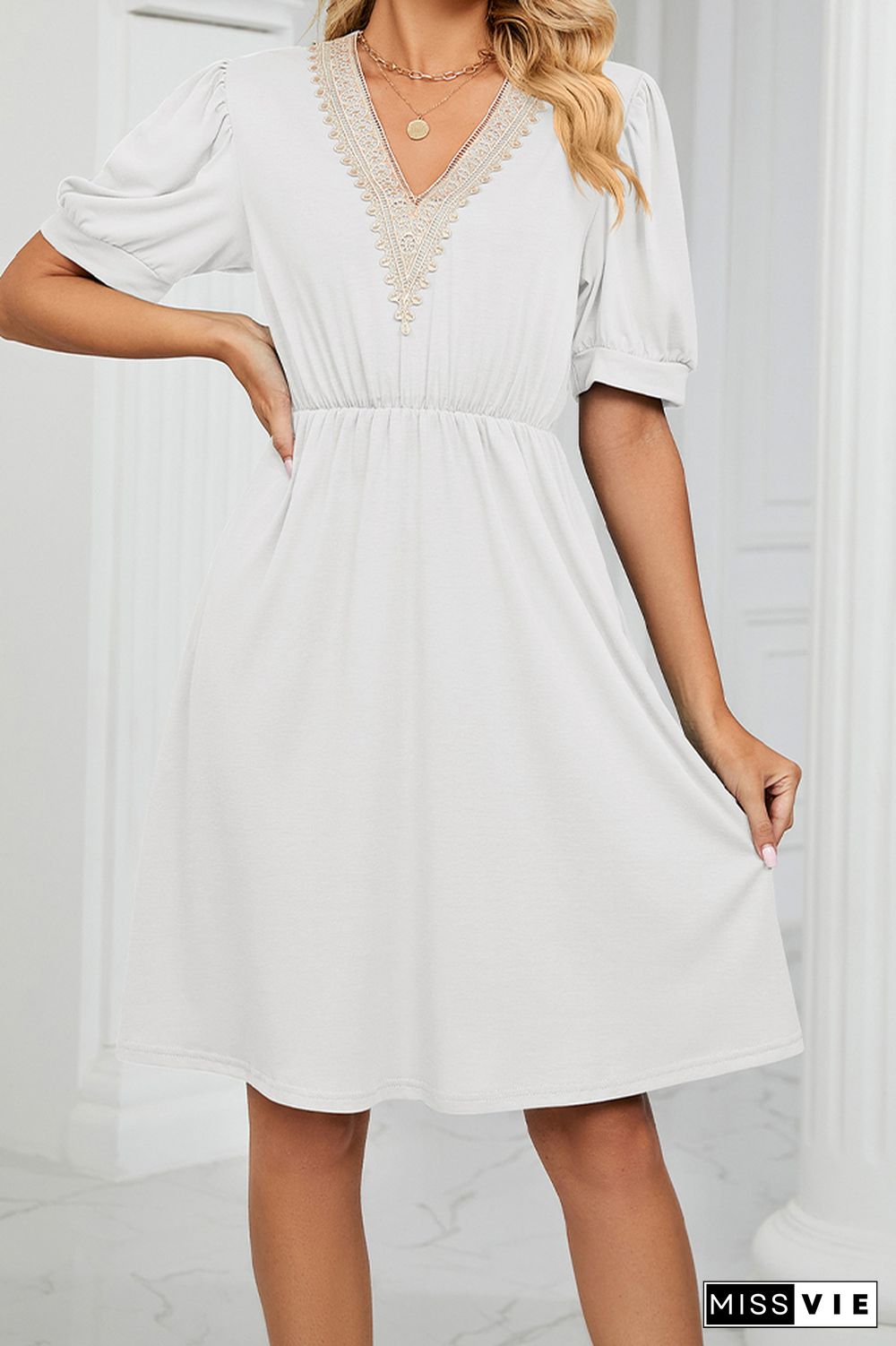 V Neck Lace Edge Pockets T-Shirt Dress