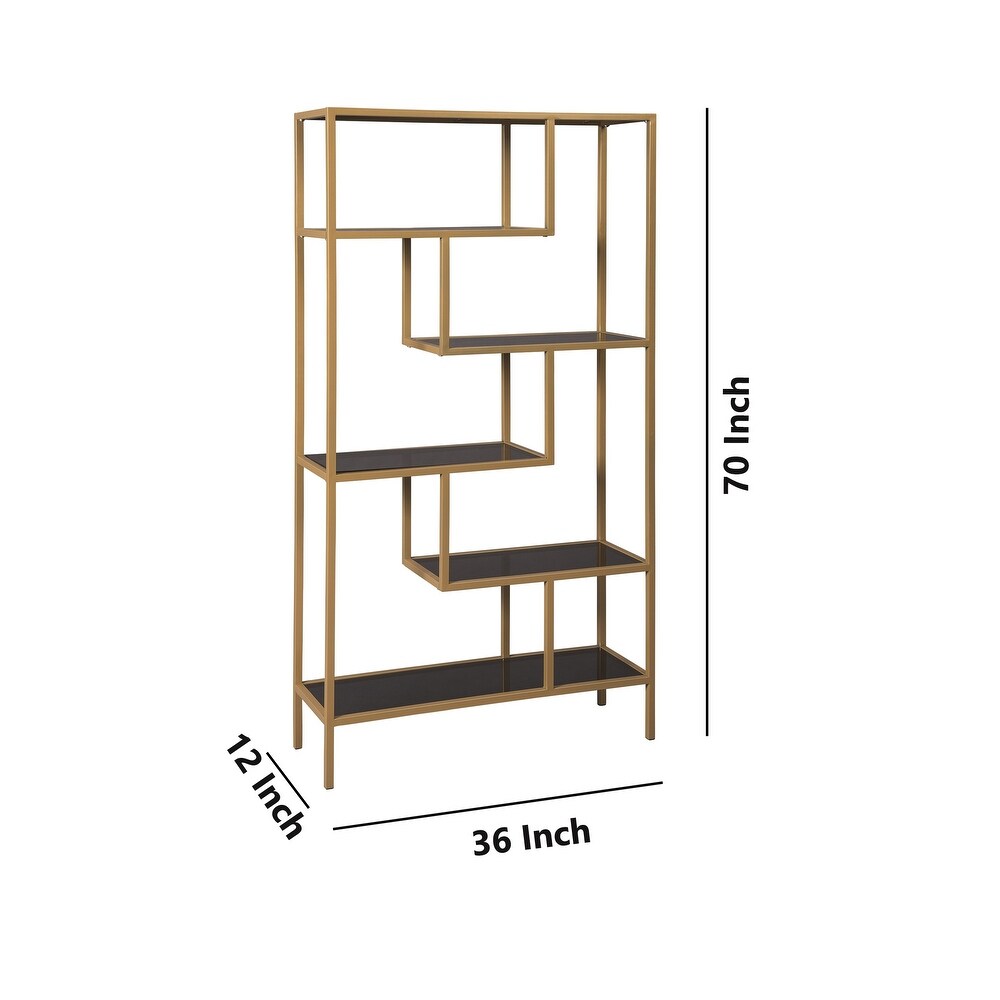 Metal Frame Bookcase with 5 Tiered Display Glass Shelves  Gold and Black   70 H x 12 W x 36 L