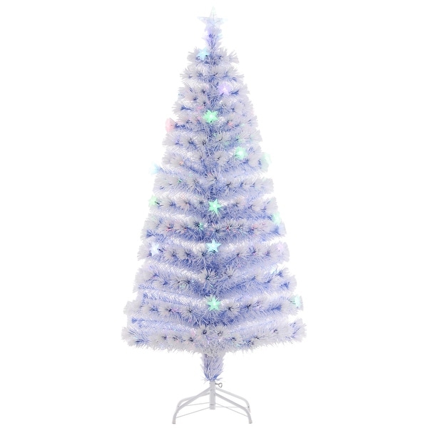 HOMCOM IcyBlue and White Christmas Tree with Lights，Prelit Christmas Tree 5 ft.，Faux Small Christmas Tree with Stand