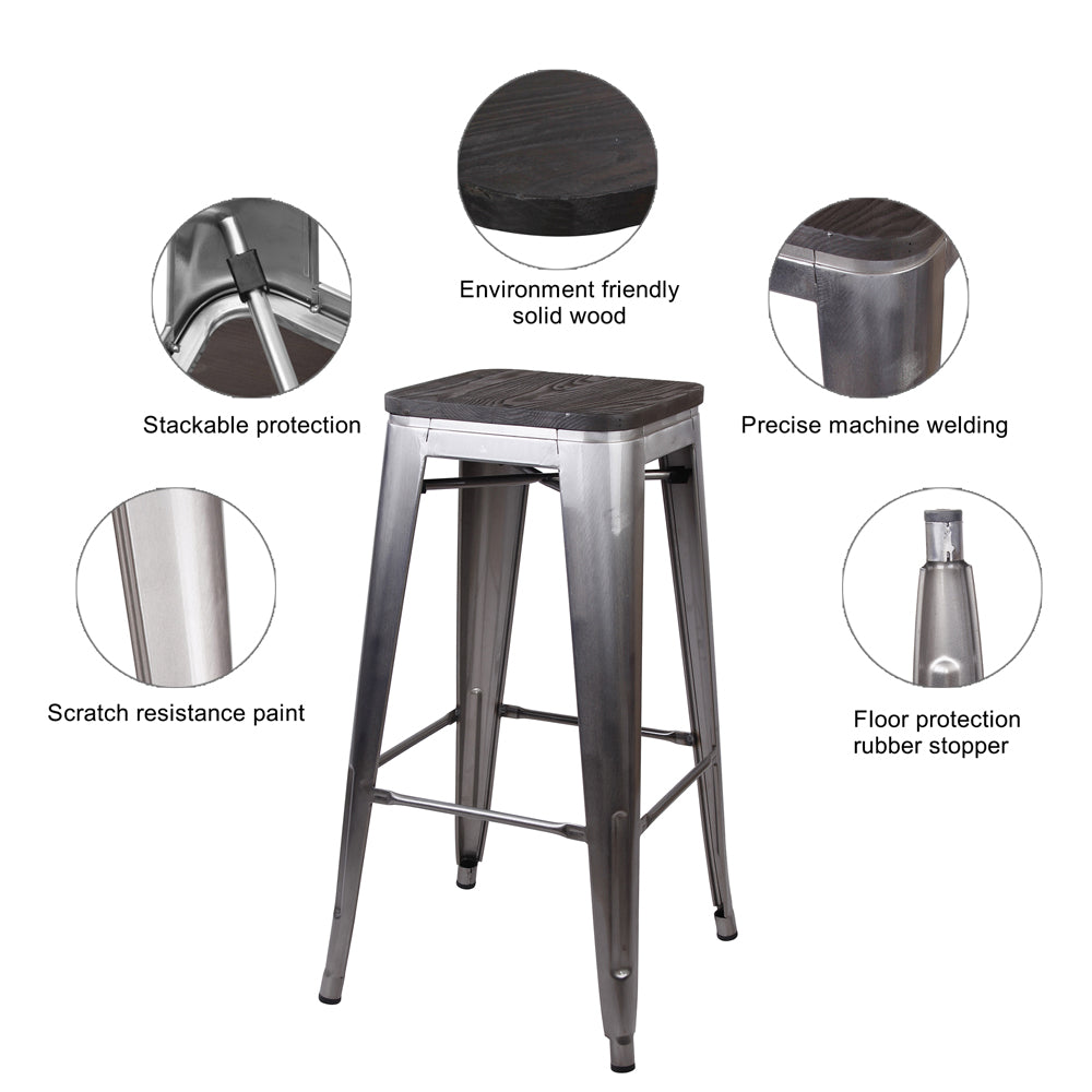 GIA Design Group 30 Inch Bar Height Backless Metal Stool with Dark Wood Seat， Gunmetal