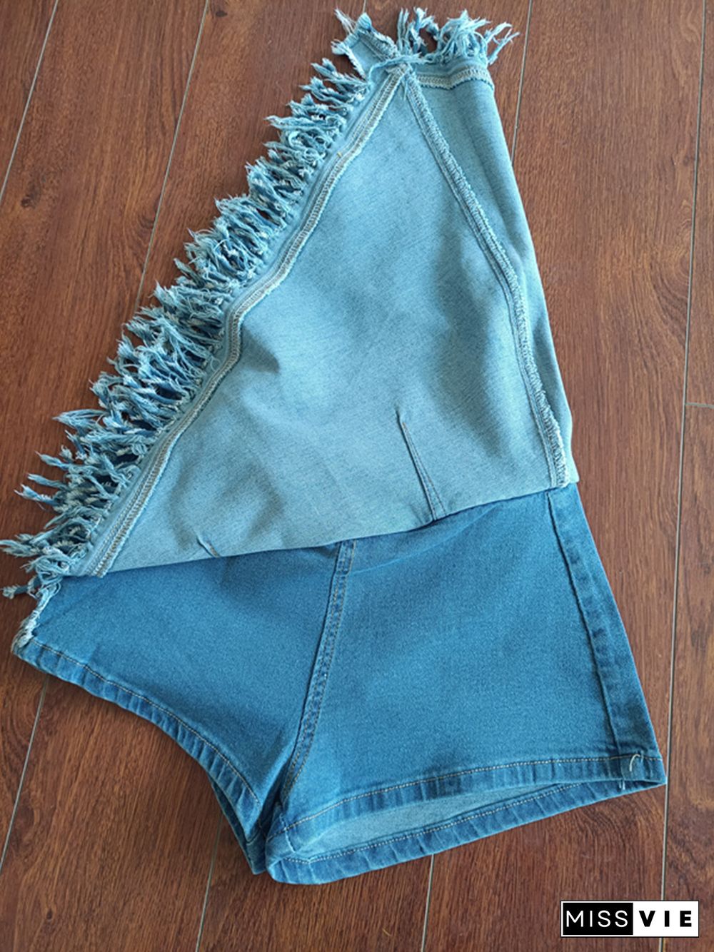 High Waist Tassel Hem Asymmetrical Denim Shorts