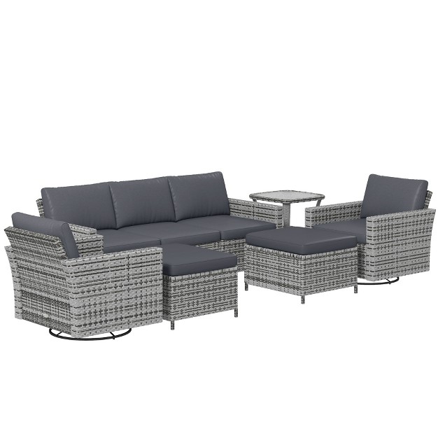 Outsunny 6 Piece Patio Furniture Set With Rattan Three seater Sofa Swivel Rocking Chairs Footstools Table Outdoor Conversation Set