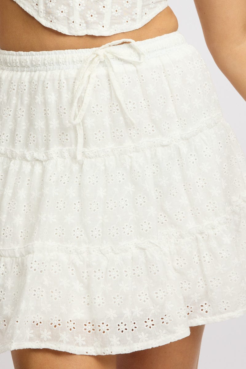 White Skater Skirt High Rise Tiered Mini Broidery Eyelet