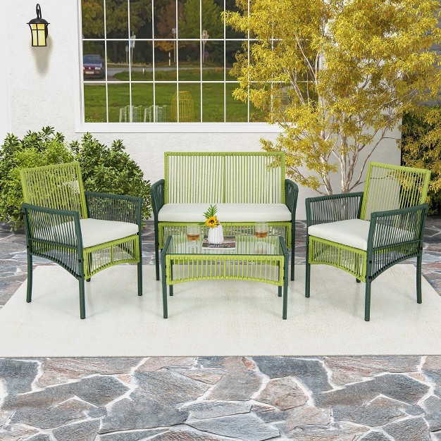 Costway 4pcs 8pcs Patio Round Wicker Conversation Set With Cushions Tempered Glass Side table