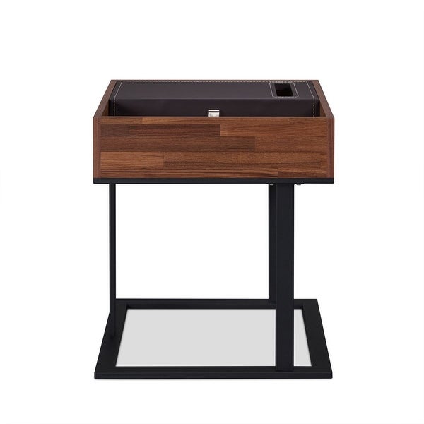 End Table in Espresso，Crafted with walnut veneer and sandy black metal Black Metal Tube Powder Coating 2 Top Compartments