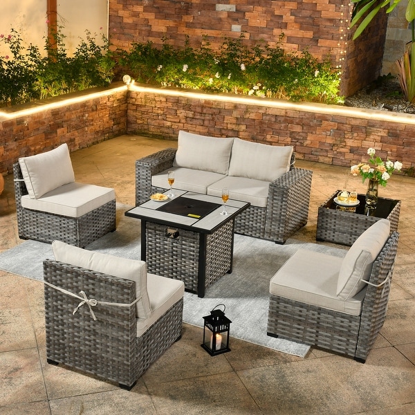 OVIOS Patio Wicker Furniture Wide Arm 7piece Fire Pit Set with Table