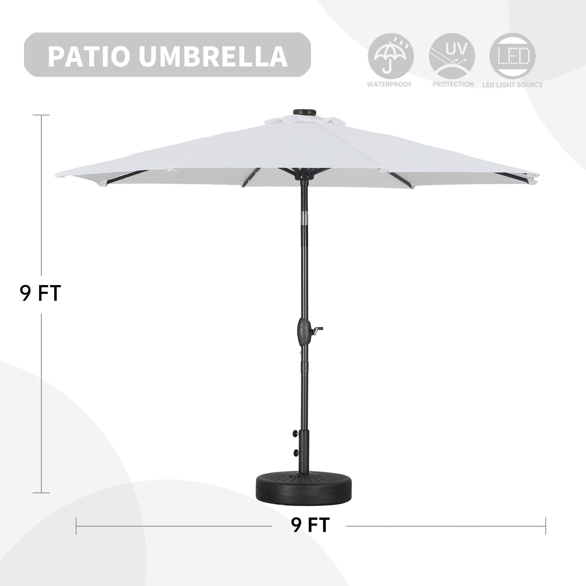 Autlaycil 9ft Patio Solar Umbrella LED Patio Market Steel Tilt w/ Crank Outdoor, White