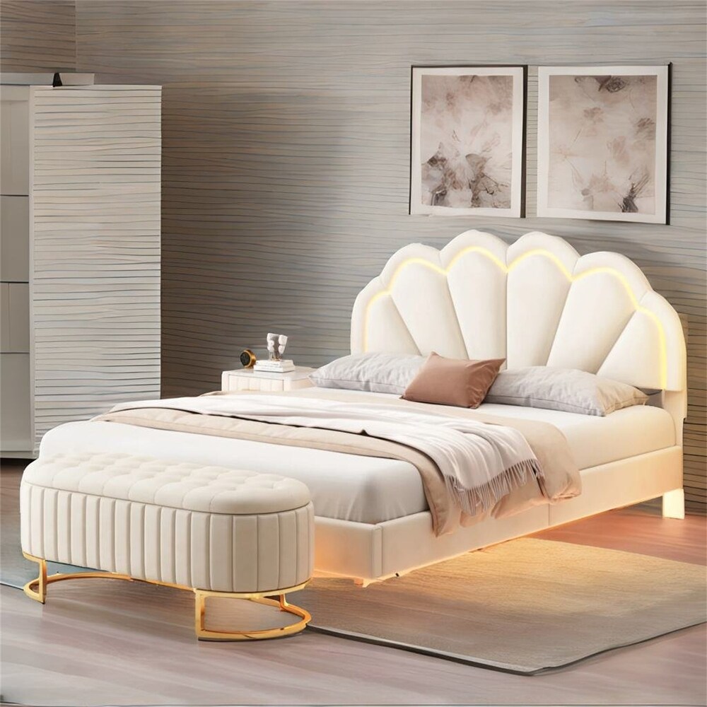 Velvet Queen Size 2 Pieces Bedroom Sets LED Bed and Ottoman