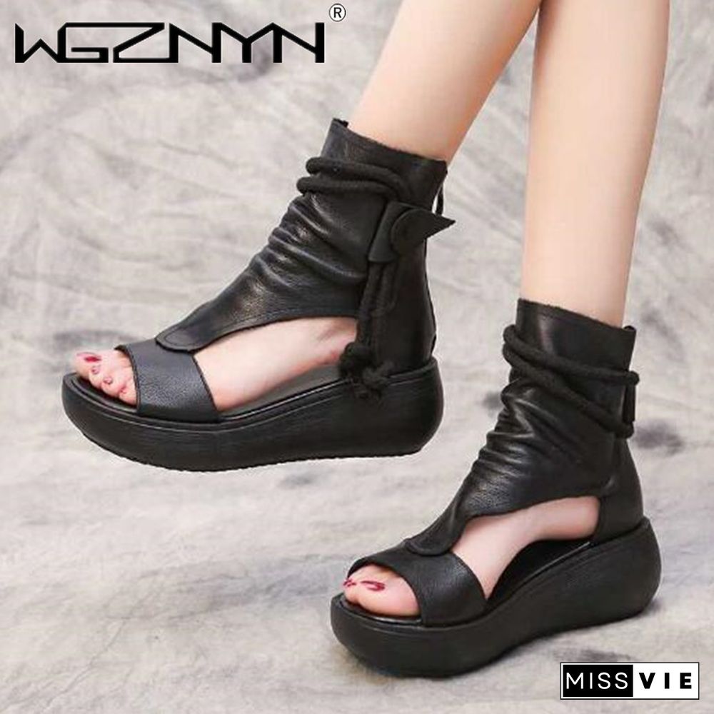 Hot New Summer Black Women Leather Sandals Cool Boots Platform Shoes Wedges Sandals Women Shoes Fashion Outdoor Sandals