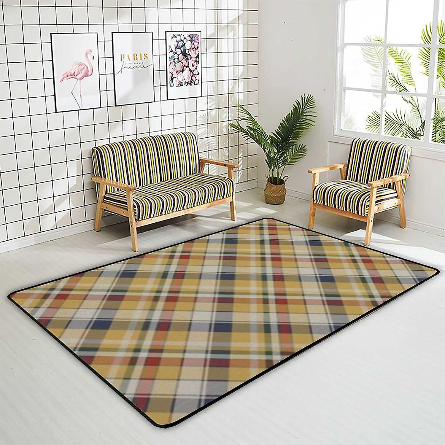 Soft Area Rugs Orange Blue Tartan Plaid Floor Carpet Mat For Kids Playing Room Hardwood Floor Living Room 63x48in