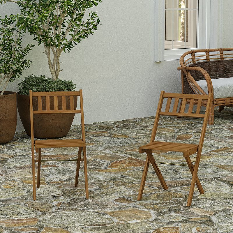 Merrick Lane Stora Set of 2 Solid Acacia Wood Armless Folding Patio Bistro Chairs with Slatted Backs and Seats