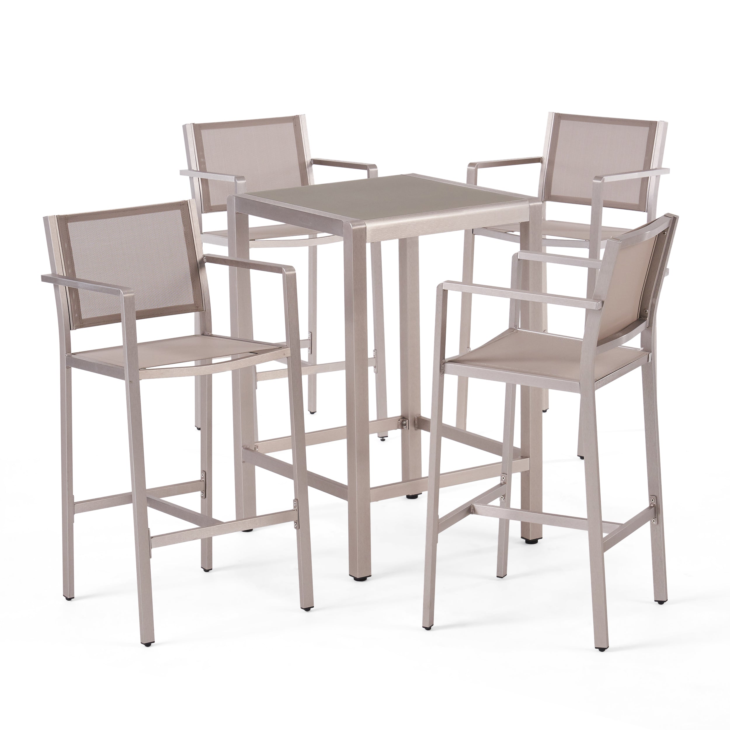 Tracy Outdoor 5 Piece Silver Rust-Proof Aluminum Bar Set with Grey Mesh Seats and Grey Tempered Glass Top Bar Table