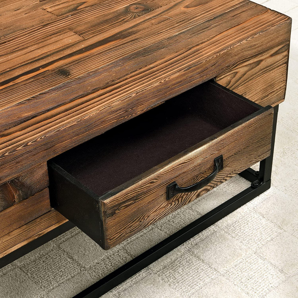 Industrial Coffee Table  Metal Frame With Drawer  ampPlank Top  Rustic Natural   Transitional   Coffee Tables   by Declusia  Houzz