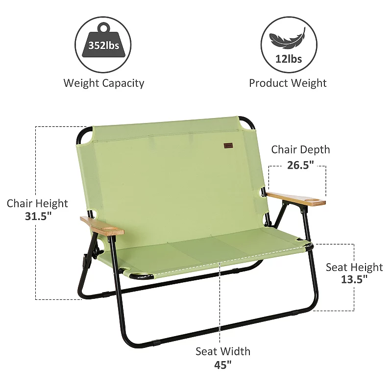 Outsunny Portable Folding Double Camping Chair Cup Holder， Loveseat for 2 Person， Outdoor Chair with Wood Armrest Beach Travel， Green