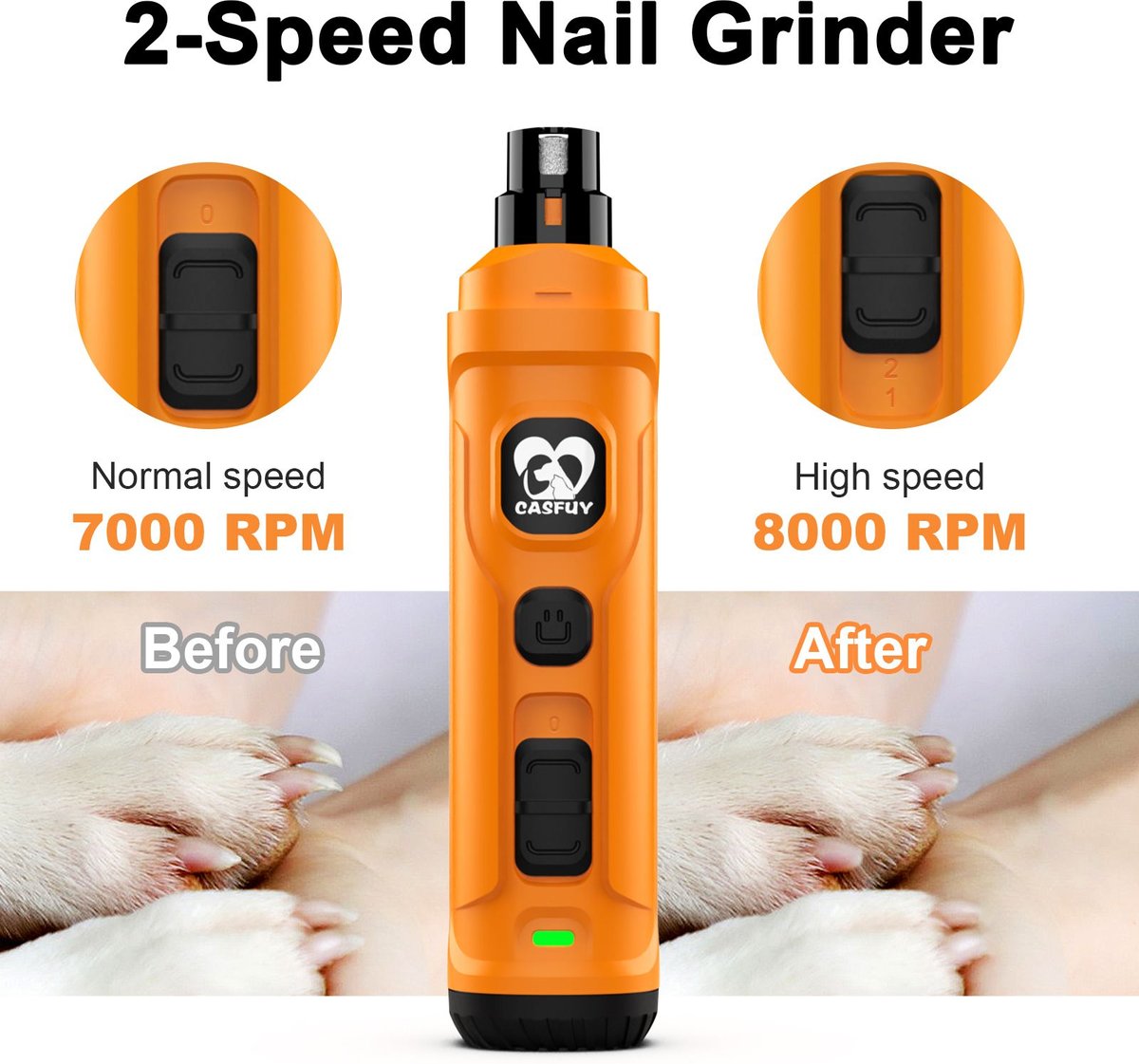 Casfuy 2 LED Light Cat and Dog Nail Grinder， Orange