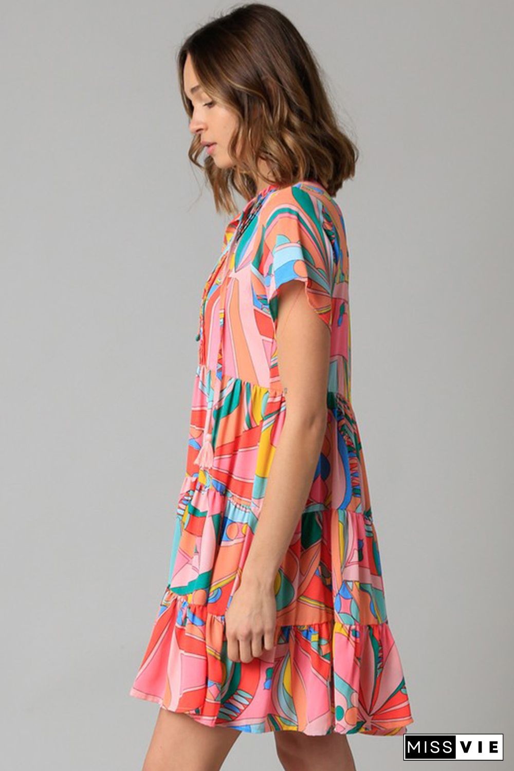 Multicolor Abstract Geometric Print Tassel Tie Flared Dress