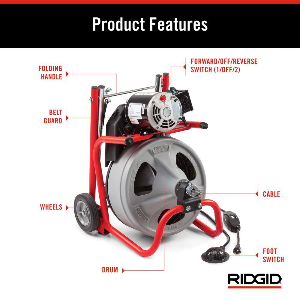 RIDGID K-400 Drain Cleaning Snake Auger 120-Volt Drum Machine with C-45IW 12 in. x 75 ft. Cable + 4-Piece Tool Set  Gloves 26998