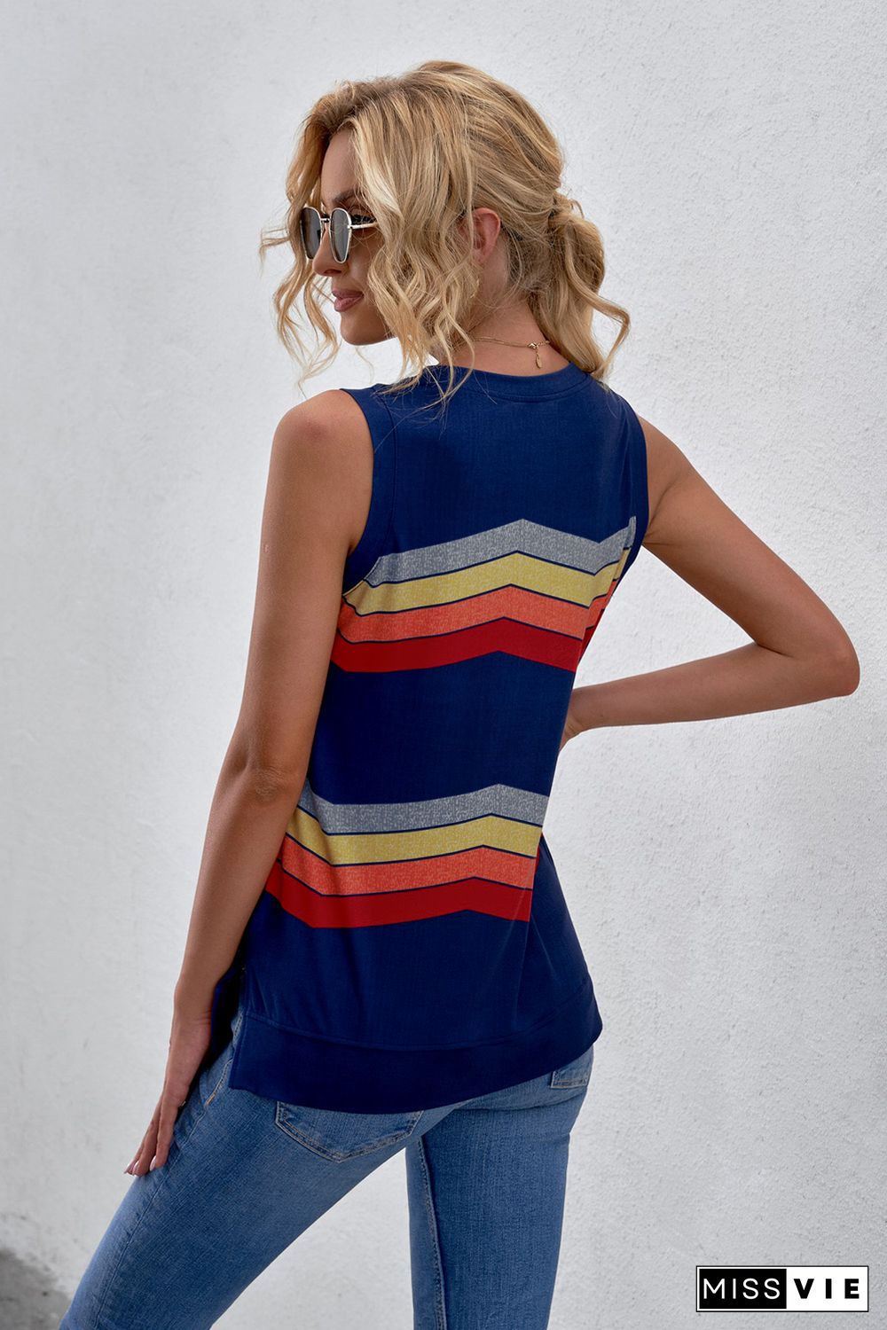 Blue Crew Neck Colorblock Stripes Tank Top