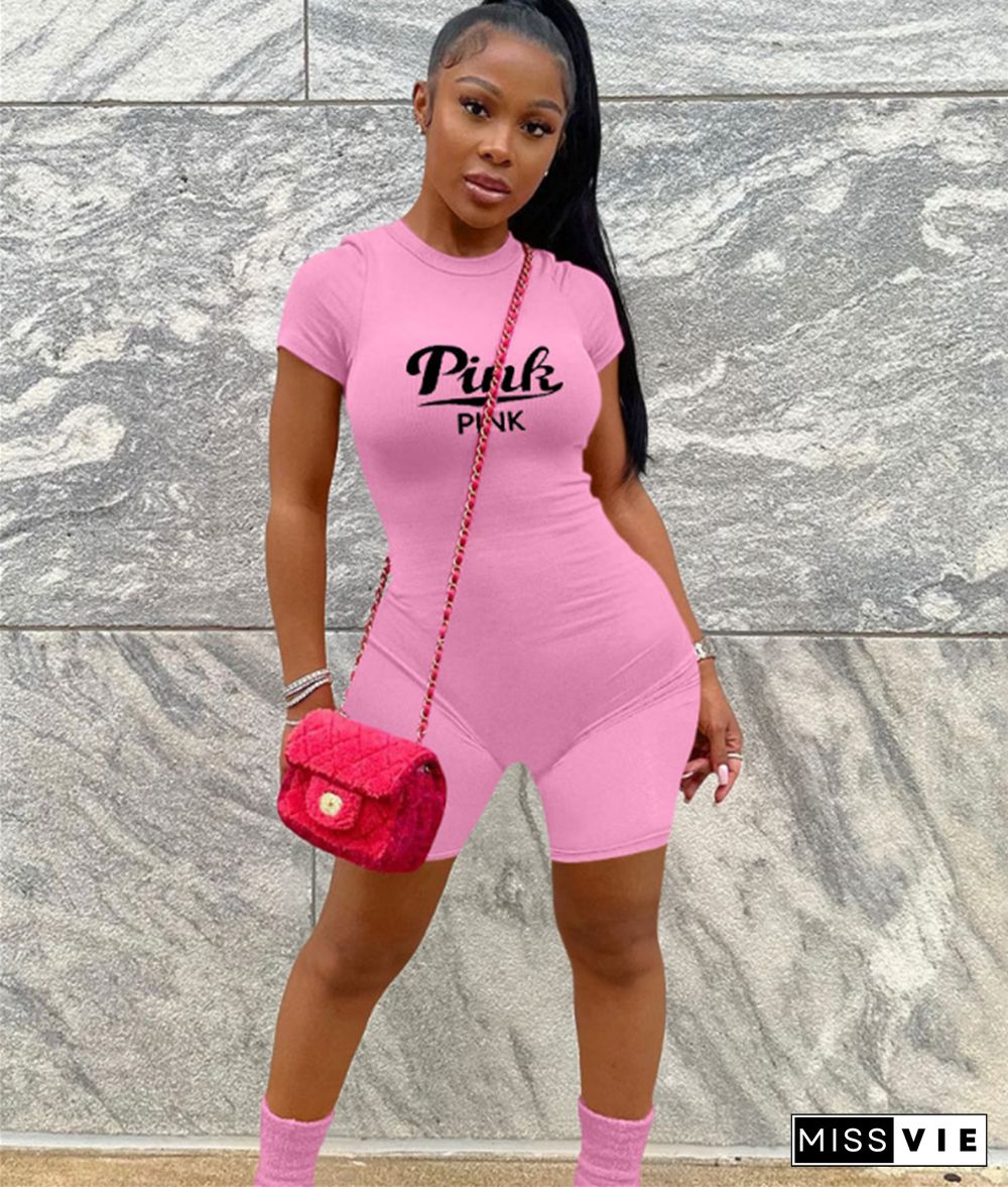 PINK Letter Print Short Sleeve Workout Rompers