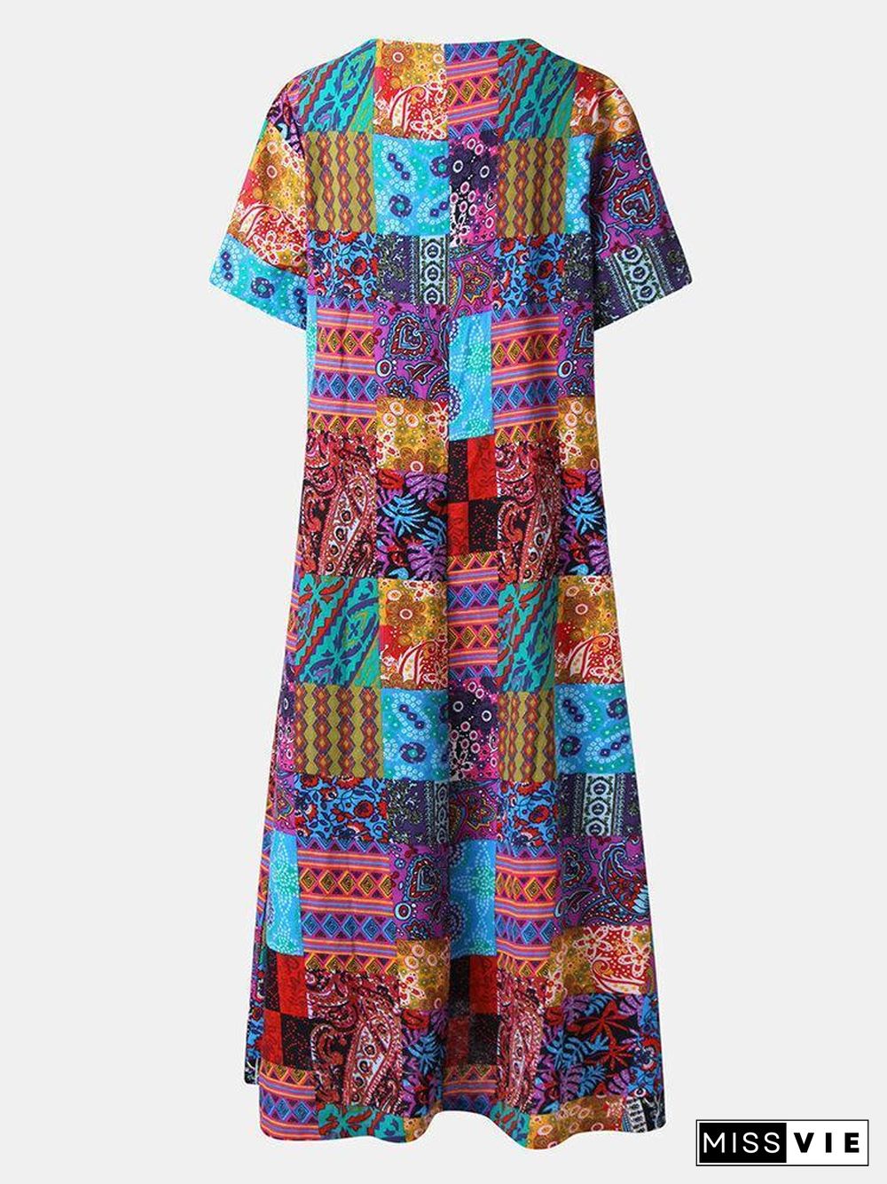 Ethnic Style Plus size Loose V-neck Printed Maxi dress