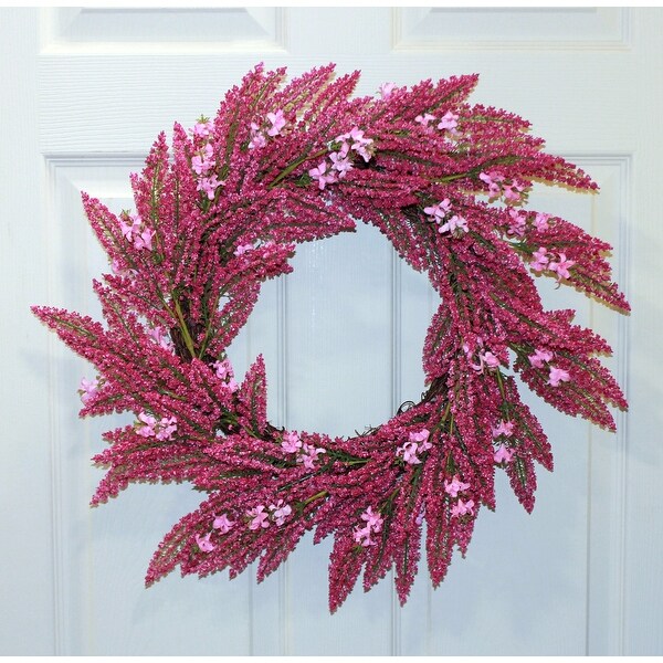 22 Heather Wreath w/ Pink Flowers on Natural Twig Base