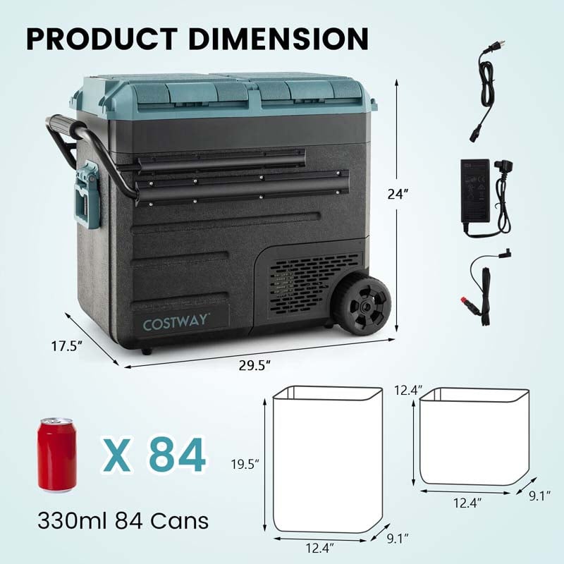 61-Quart Dual-zone Car Refrigerator with Wheels, 12V/24V DC & 100-240V AC Portable Car Fridge Cooler Freezer