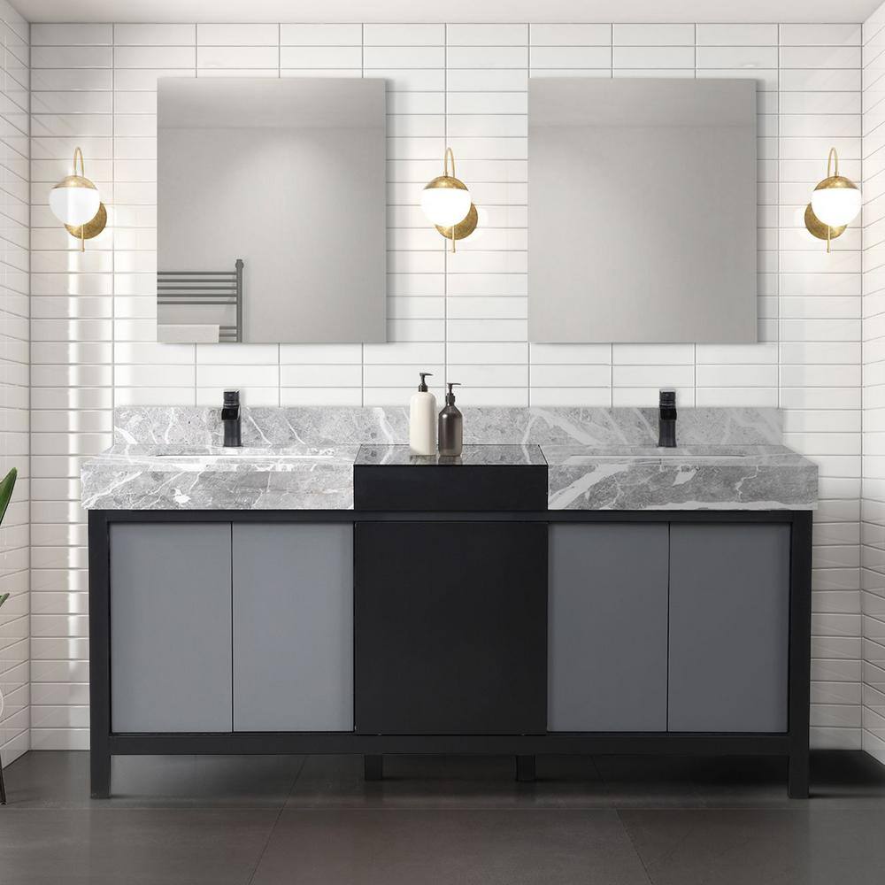 Lexora Zilara 72 in W x 22 in D Black and Grey Double Bath Vanity Castle Grey Marble Top Matte Black Faucet and 28 in Mirrors LZ342272DLISM28FCM