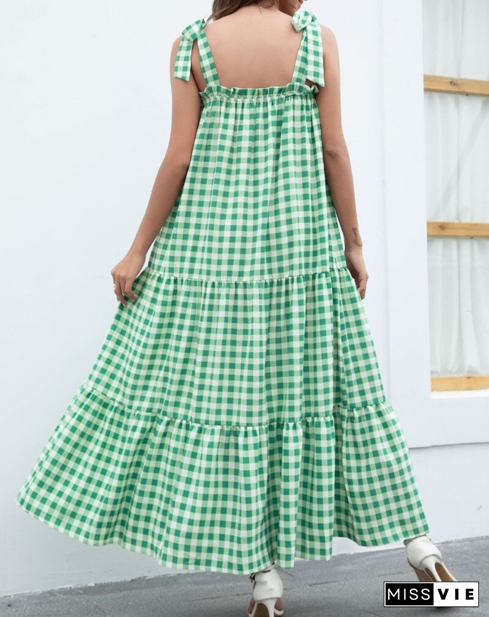 Elegant Fashion Check Sleeveless Sling Dress Women Summer Dress NEW Lace-up Ruffle Slash Neck Swing With A-line Long Dress